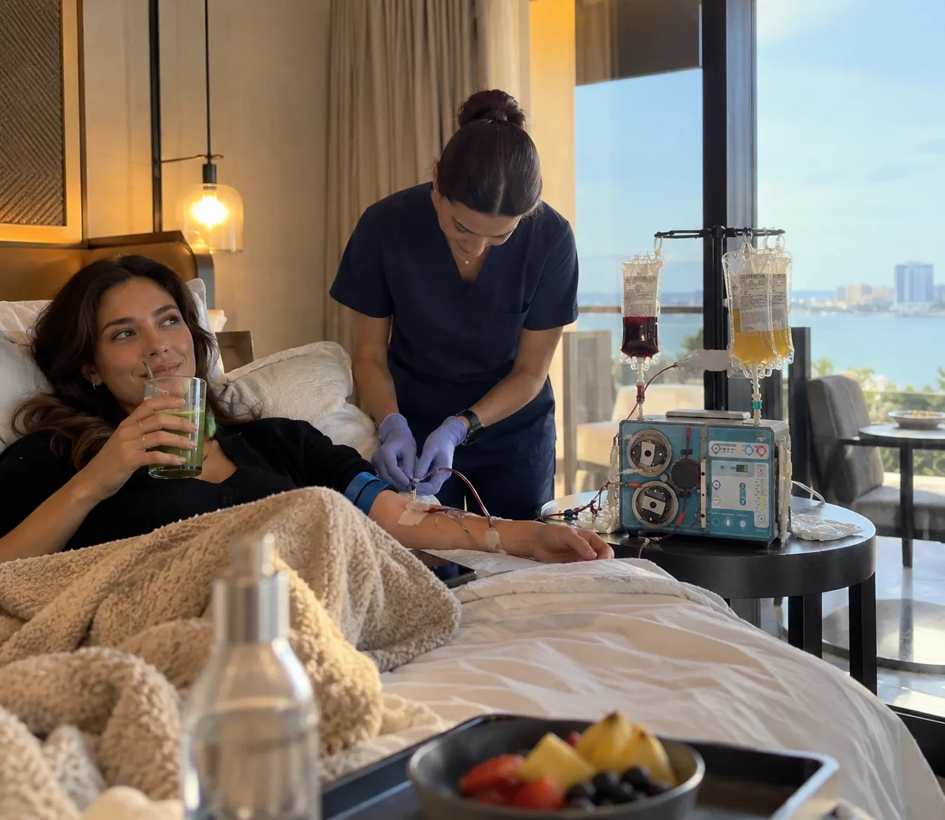 A procedure with GEMMA in a hotel suite overlooking the sea.